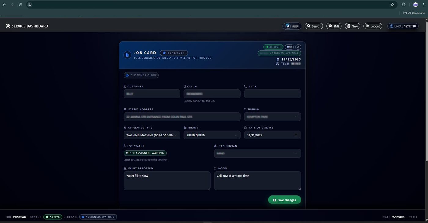 Job card interface with full booking details for a technician.